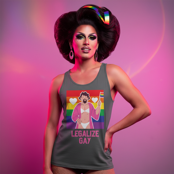Legalize Gay Unisex Tank Top, pink and purple, rainbow flag, hearts, “LEGALIZE GAY,” drag queen with fierce hair and makeup.