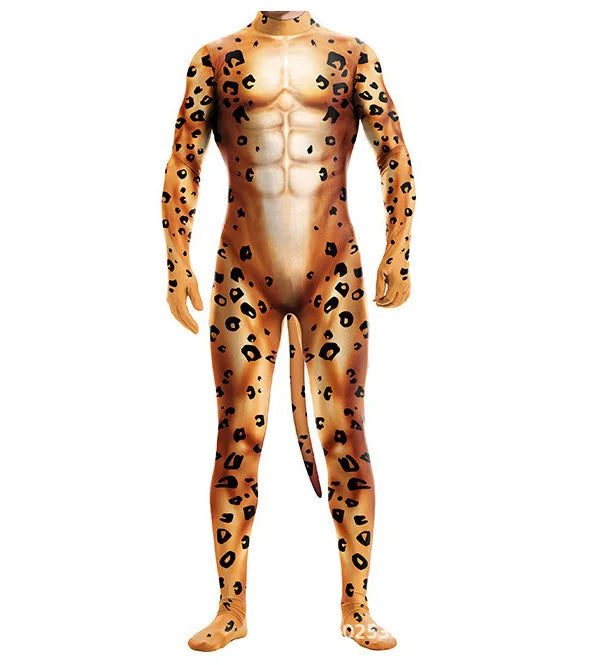 Young man in leopard-print Leopard Fantasy Fetish Bodysuit With Tail, squatting on rock in grassy savannah at sunset, embodying a surreal, primal alter ego.
