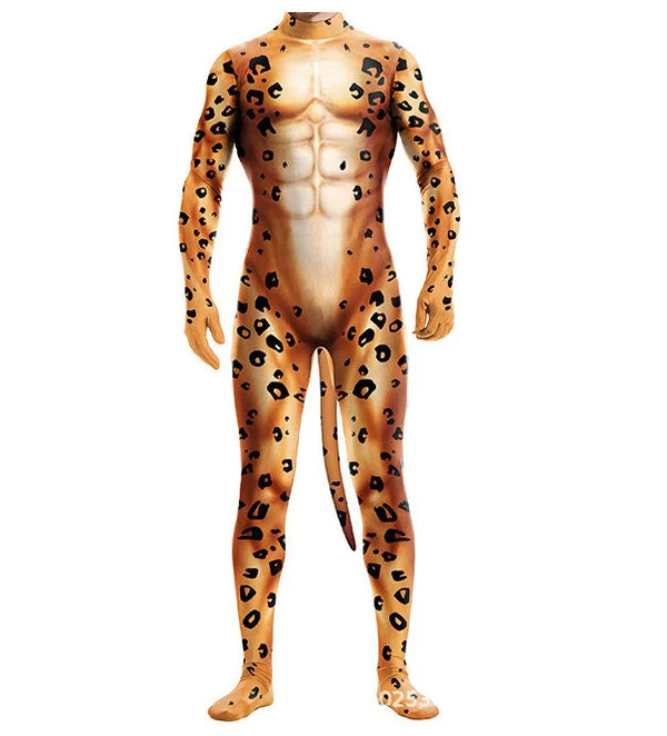 Young man in leopard-print Leopard Fantasy Fetish Bodysuit With Tail, squatting on rock in grassy savannah at sunset, embodying a surreal, primal alter ego.