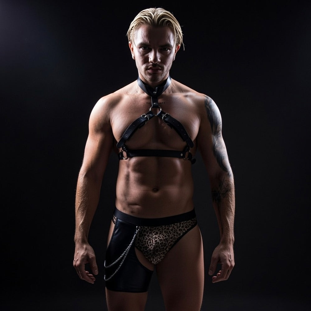 Front-facing model wearing a black leather harness and leopard-print briefs with chains
