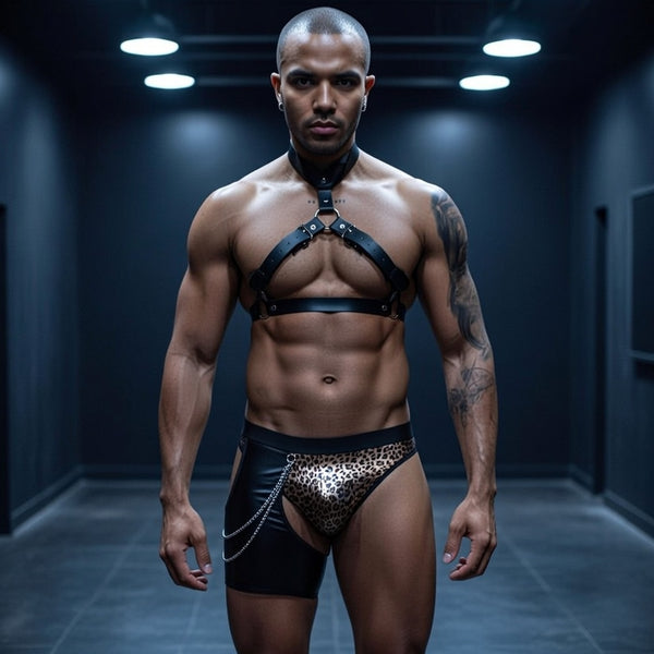 Leopard King Erotic Dom Set: black PU chest harness, collar, briefs, and chain on a tattooed muscular