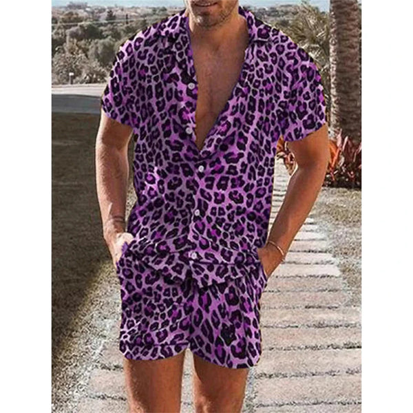 Model wearing a purple leopard-print short-sleeve shirt and matching shorts outdoors
