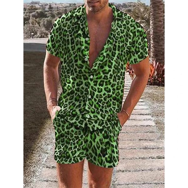 Model wearing a green leopard-print short-sleeve shirt and matching shorts