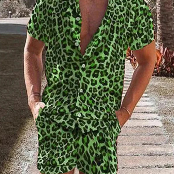 Close-up of a model wearing a green leopard-print short-sleeve shirt and matching shorts