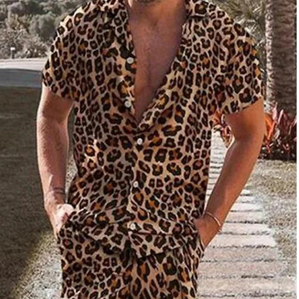 Leopard-print short-sleeve shirt and matching shorts worn outdoors