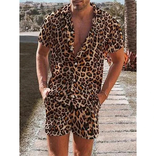 Leopard print short sleeve shirt shorts 2 piece outfit photographed for the product listing.