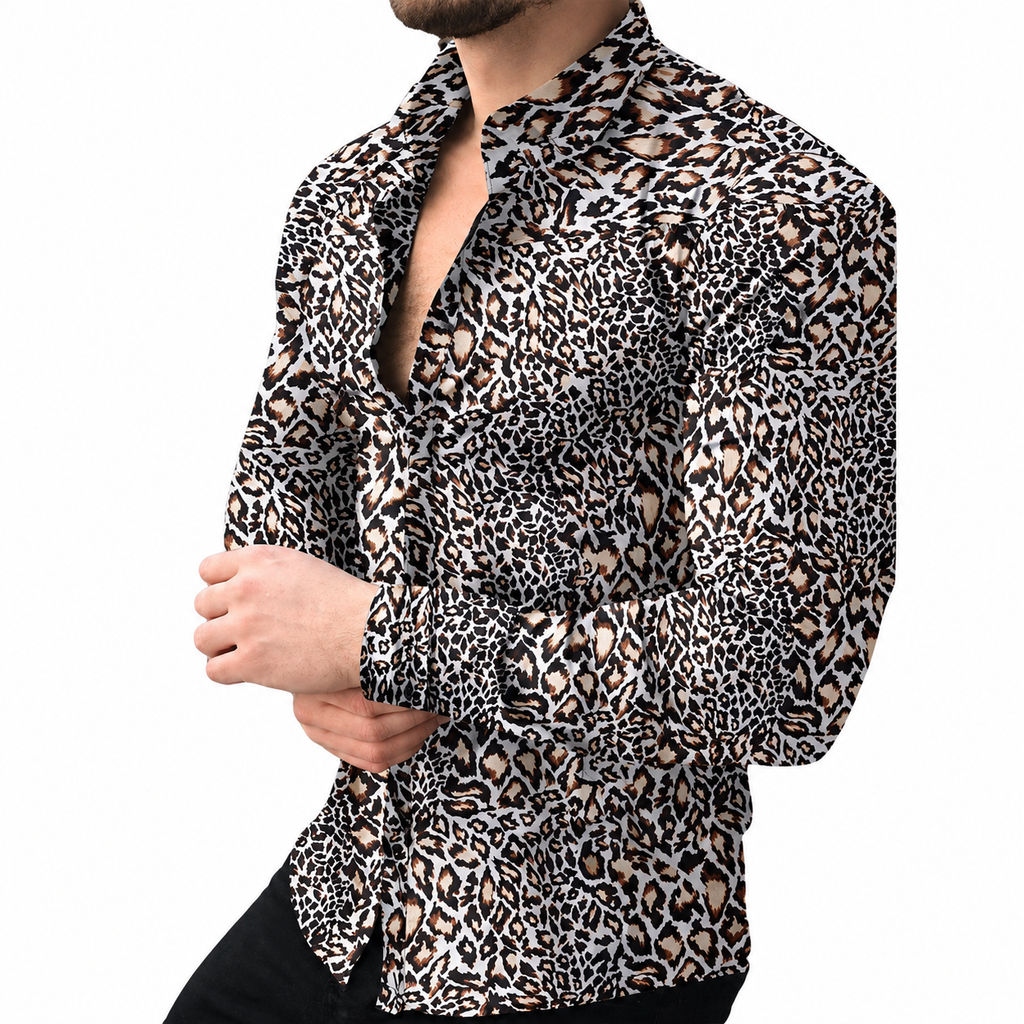 Cropped model wearing a long-sleeve leopard-print shirt with an open collar