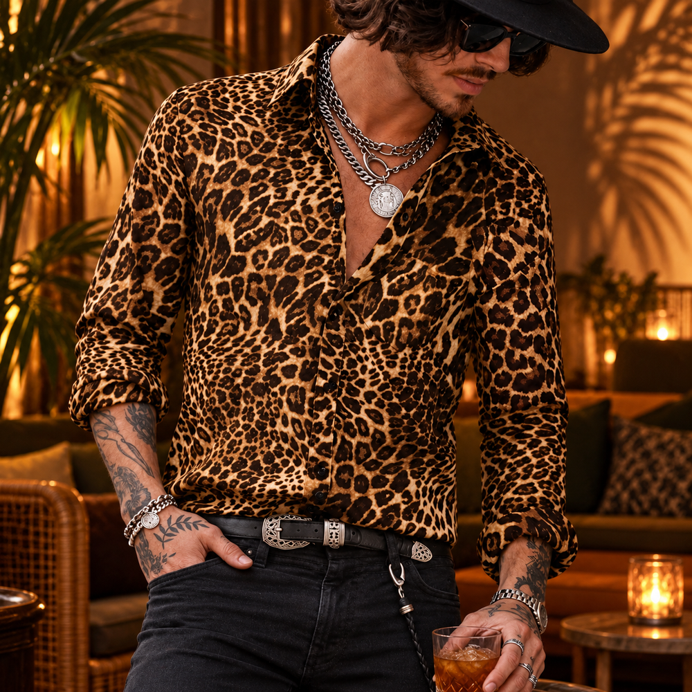 Leopard Print Statement Men's Shirt — Brown worn by a model.