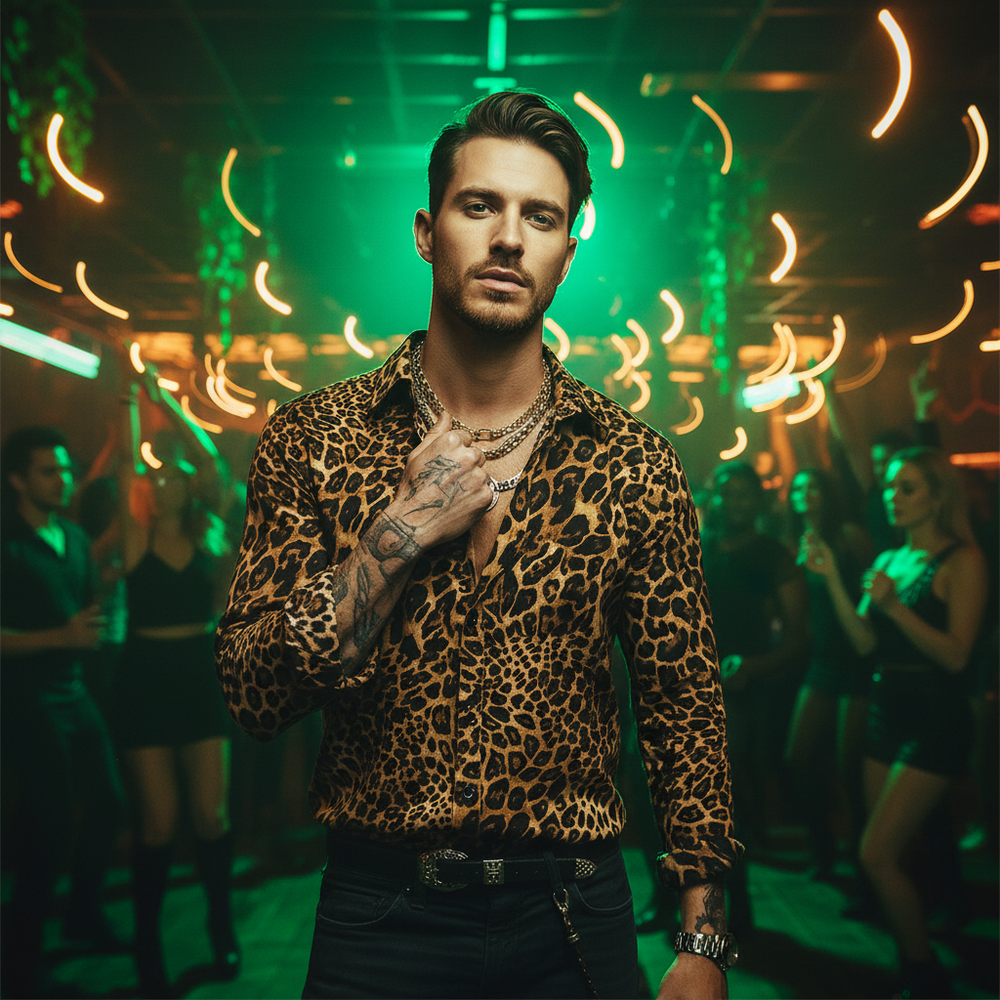 Front-facing person wearing an open leopard-print shirt at a neon-lit nightclub