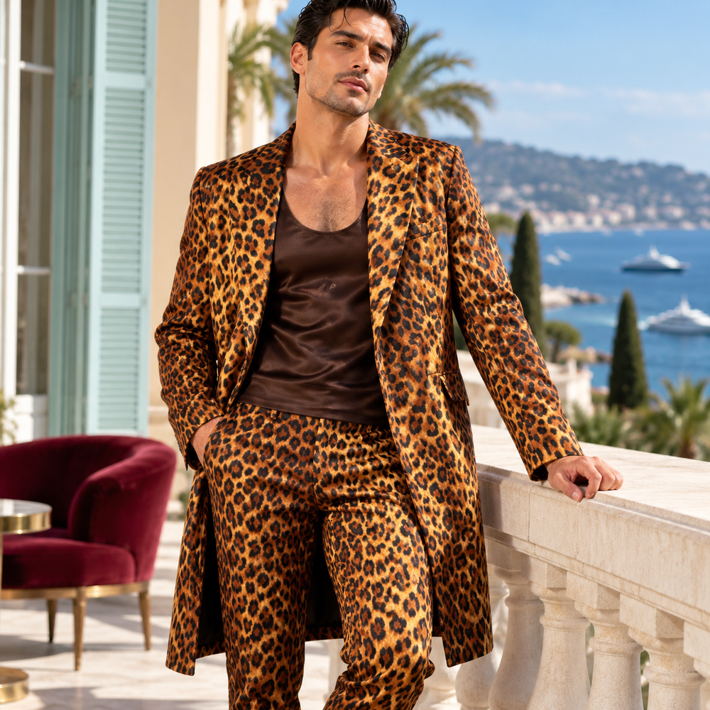 Leopard Print Suit (Pants + Coat), Jacket + Pants worn by a model.