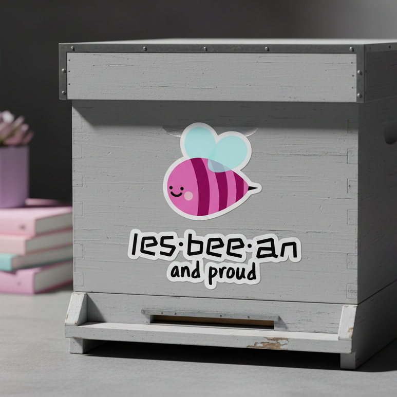 Bubble-free sticker featuring a cute bee with pink and purple stripes, blue wings
