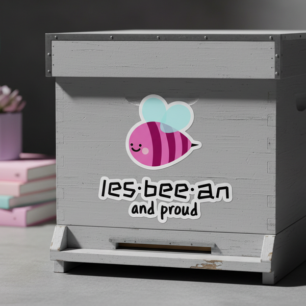 Bubble-free sticker featuring a cute bee with pink and purple stripes, blue wings