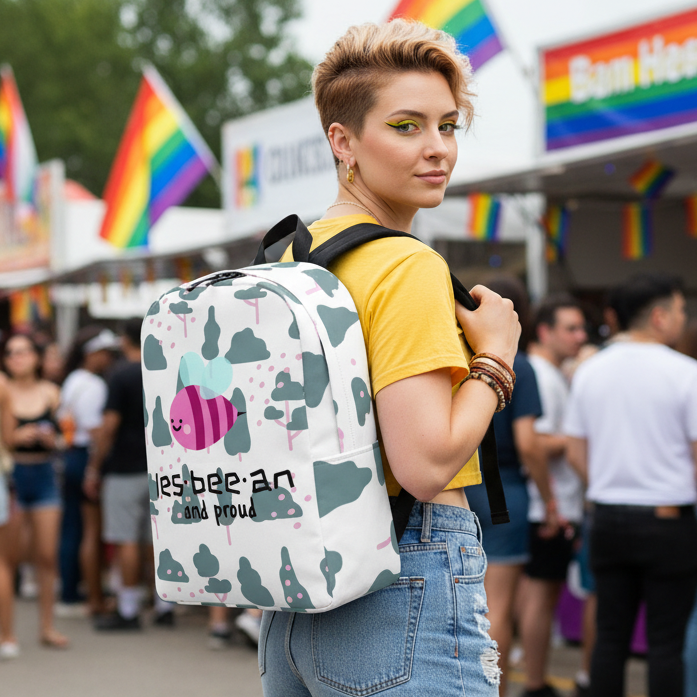 Les-Bee-An And Proud Minimalist Backpack worn by a person in yellow tee and jean shorts
