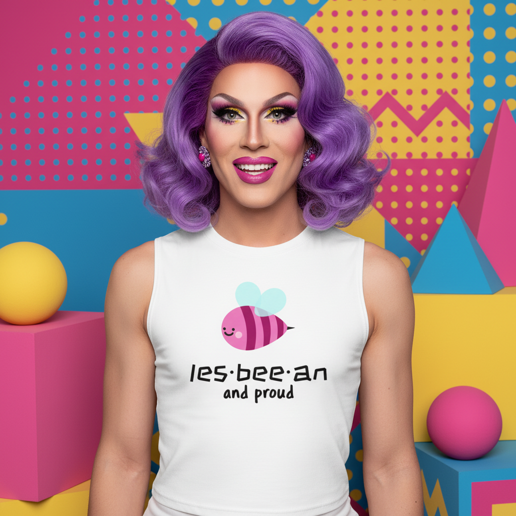 Les-bee-an And Proud muscle top with cute bee graphic and flirty slogan, worn by person with bold purple hair and makeup