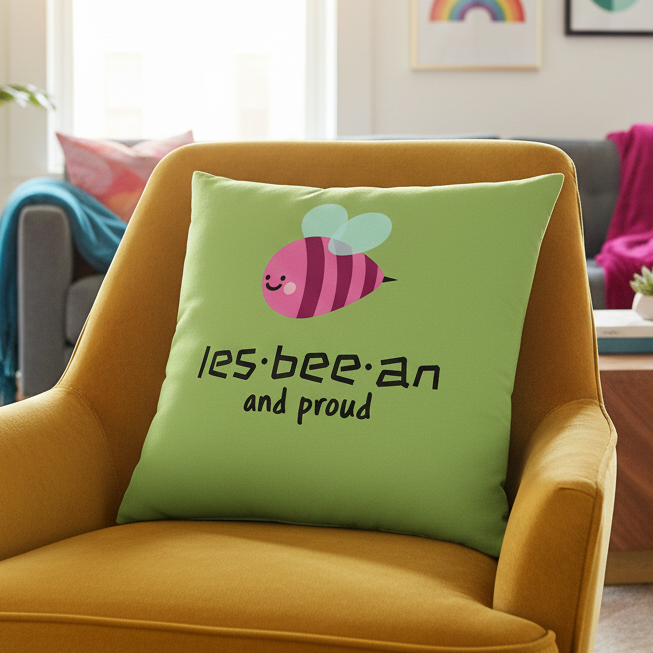 Les-bee-an And Proud pillow with a purple-striped bee and playful text on a yellow chair