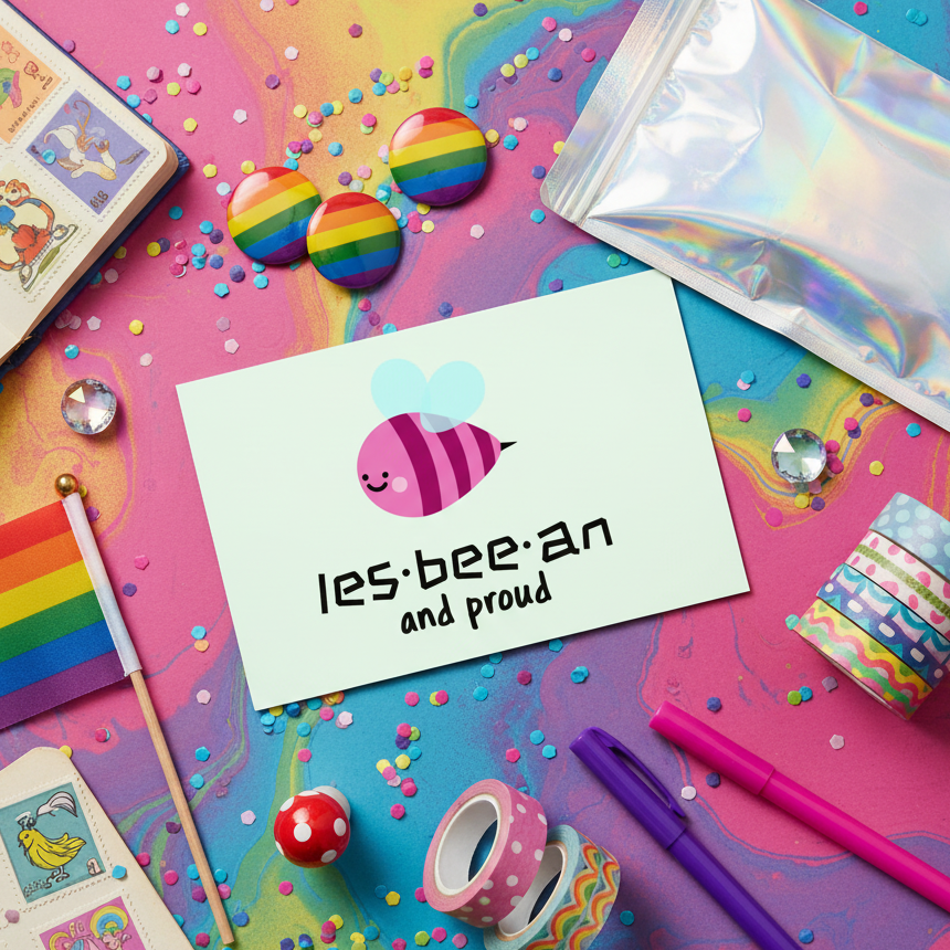 Les-bee-an And Proud Postcard with a pink bee and bold text, pride stickers, rainbow buttons, flag