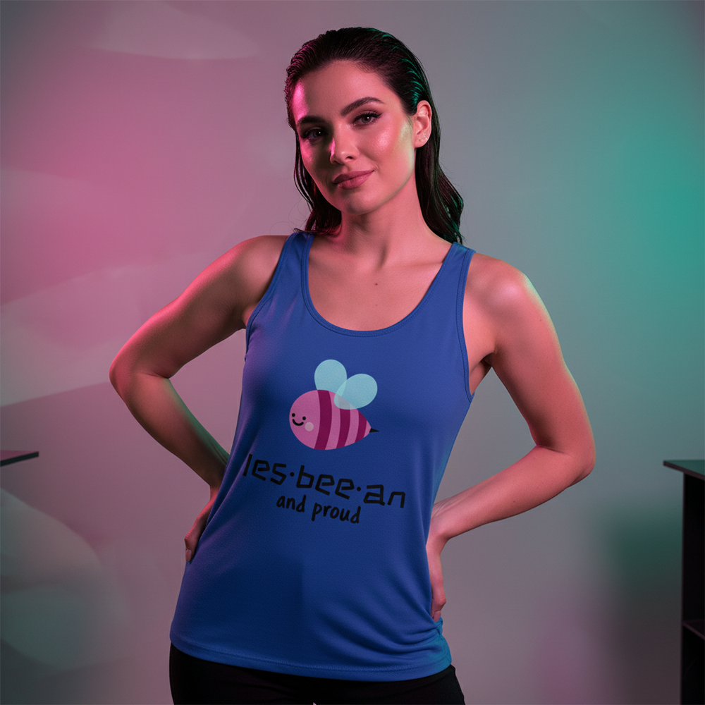 Unisex tank top with “Les-bee-an and proud” plus a bee with heart wings