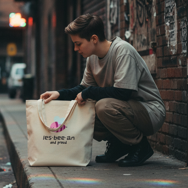 Person crouching beside a cream tote bag with a rainbow bee graphic and “les·bee·an and proud” text