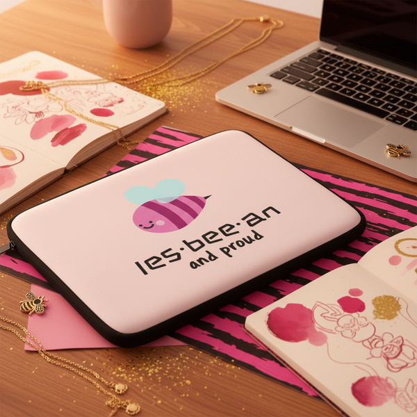 Les-Bee-An And Proud laptop sleeve in bright pink with a smiling bee and pride slogan