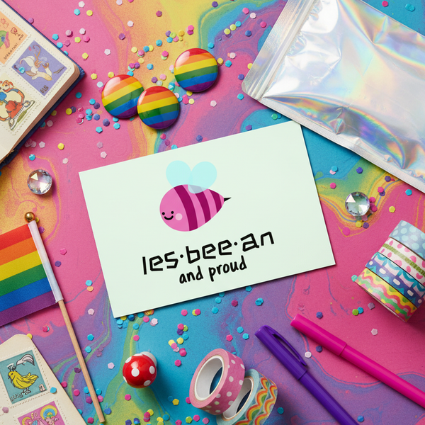Les-bee-an And Proud Postcard with a pink bee and bold text, pride stickers, rainbow buttons, flag