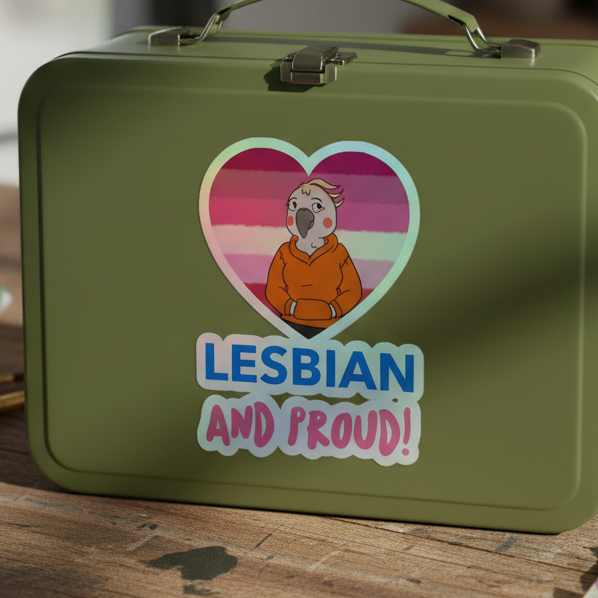 Holographic heart sticker showing a cartoon bird in an orange hoodie on the lesbian pride flag