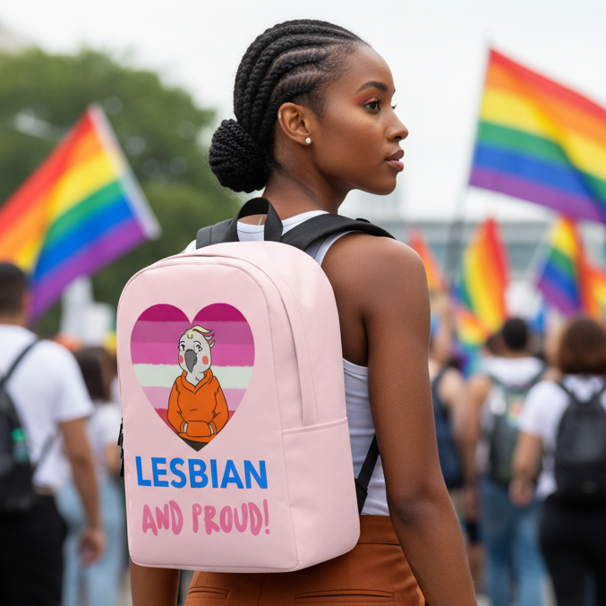 Lesbian And Proud Minimalist Backpack with a lesbian pride heart, cartoon character