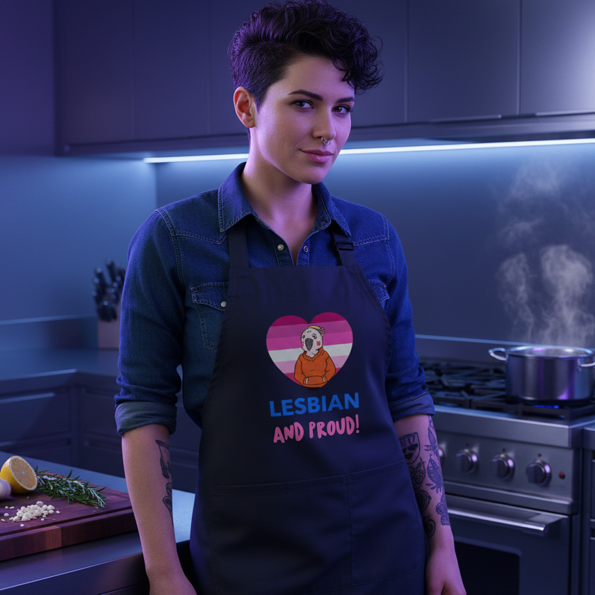 Person wearing a black apron reading “LESBIAN AND PROUD!” in a kitchen