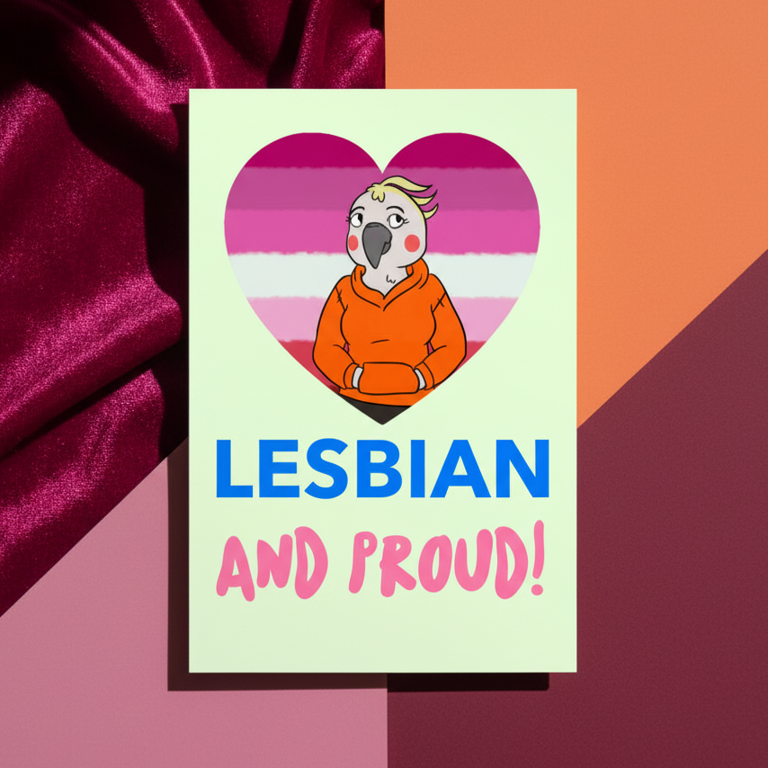 Postcard featuring a cartoon bird in an orange hoodie inside a heart with lesbian flag stripes