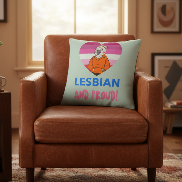 Lesbian And Proud Premium Pillow with a cartoon parrot in an orange hoodie on a heart in lesbian pride colors