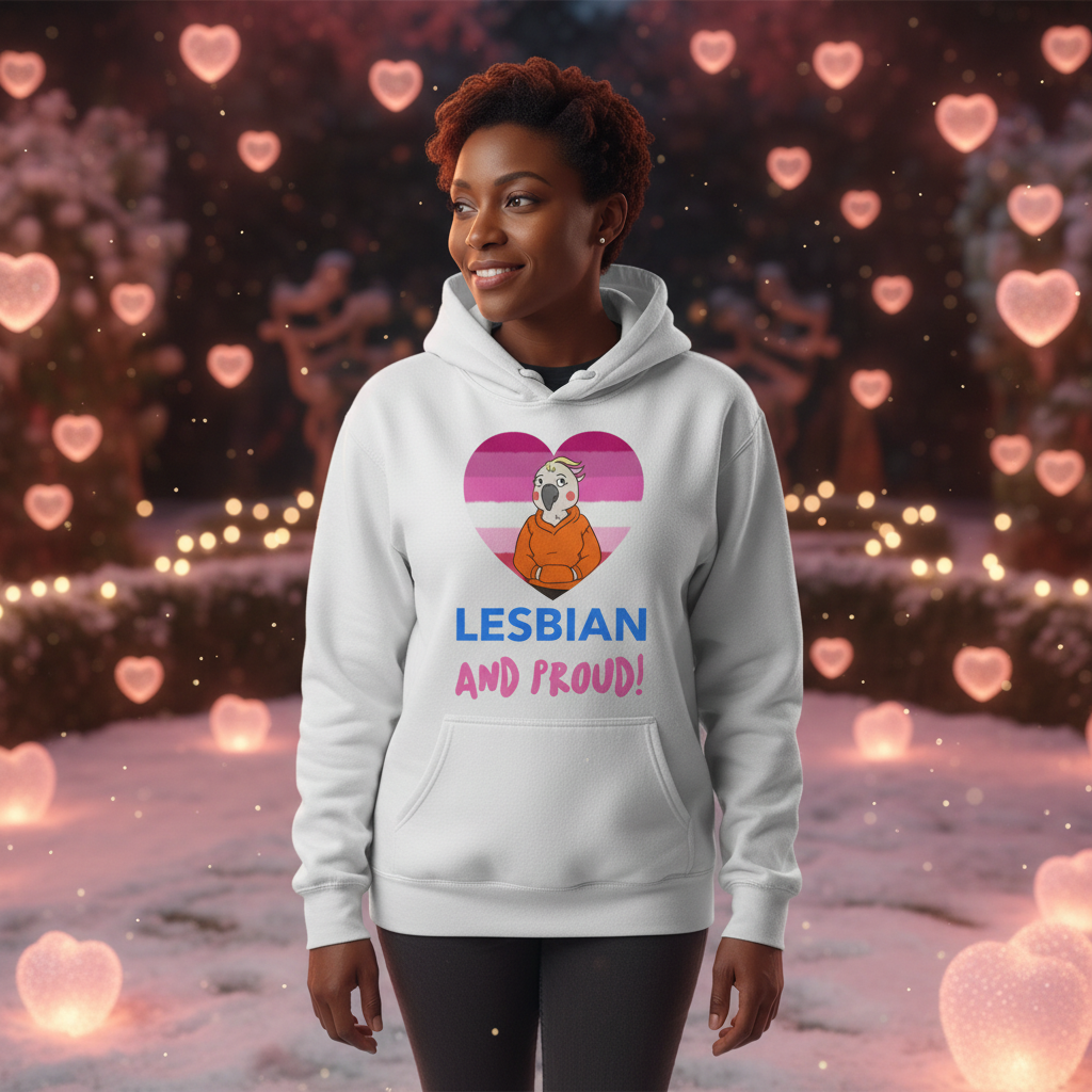 Person modeling a light gray hoodie reading “LESBIAN AND PROUD!” with a heart graphic