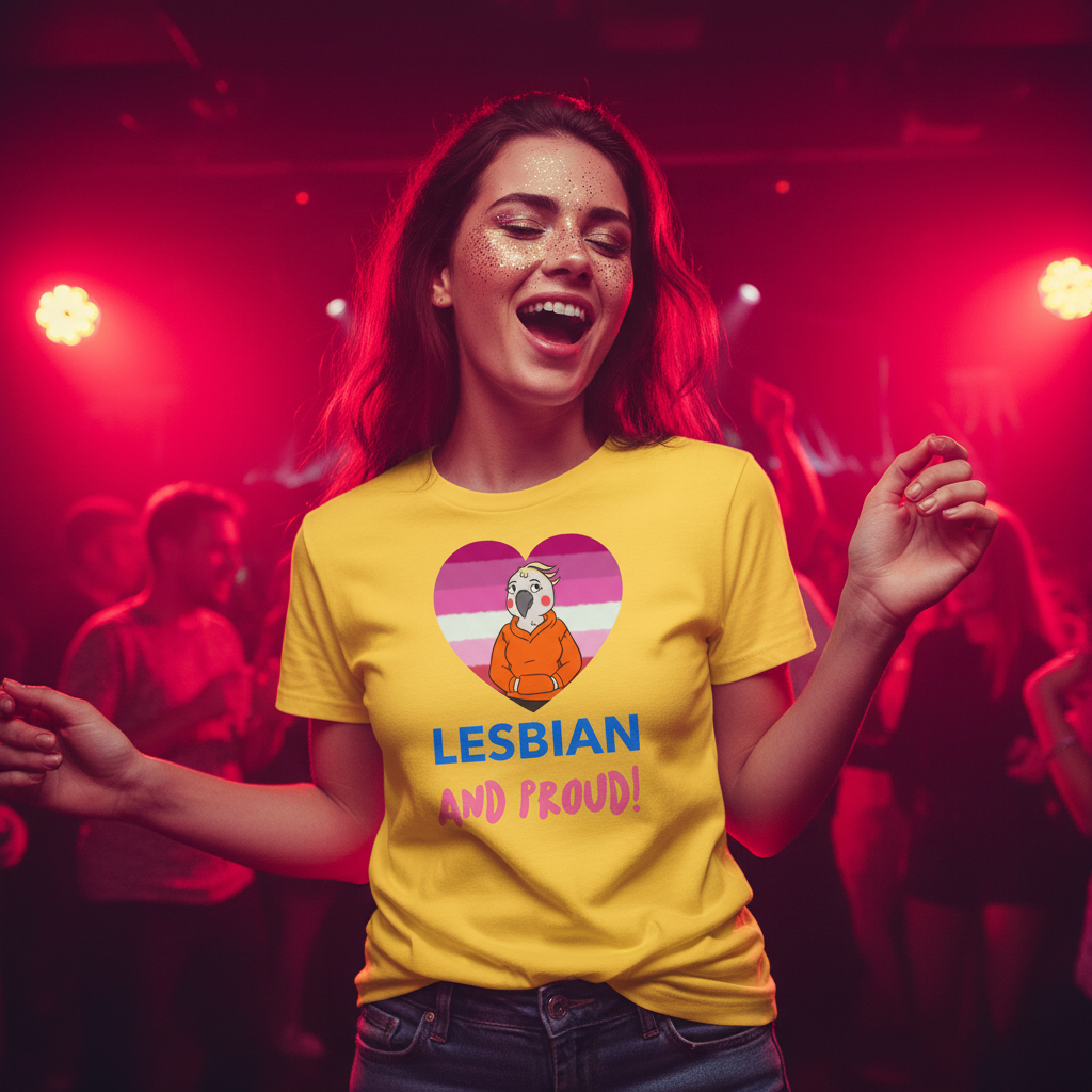 Lesbian and Proud Unisex T-Shirt with lesbian pride heart, cartoon figure