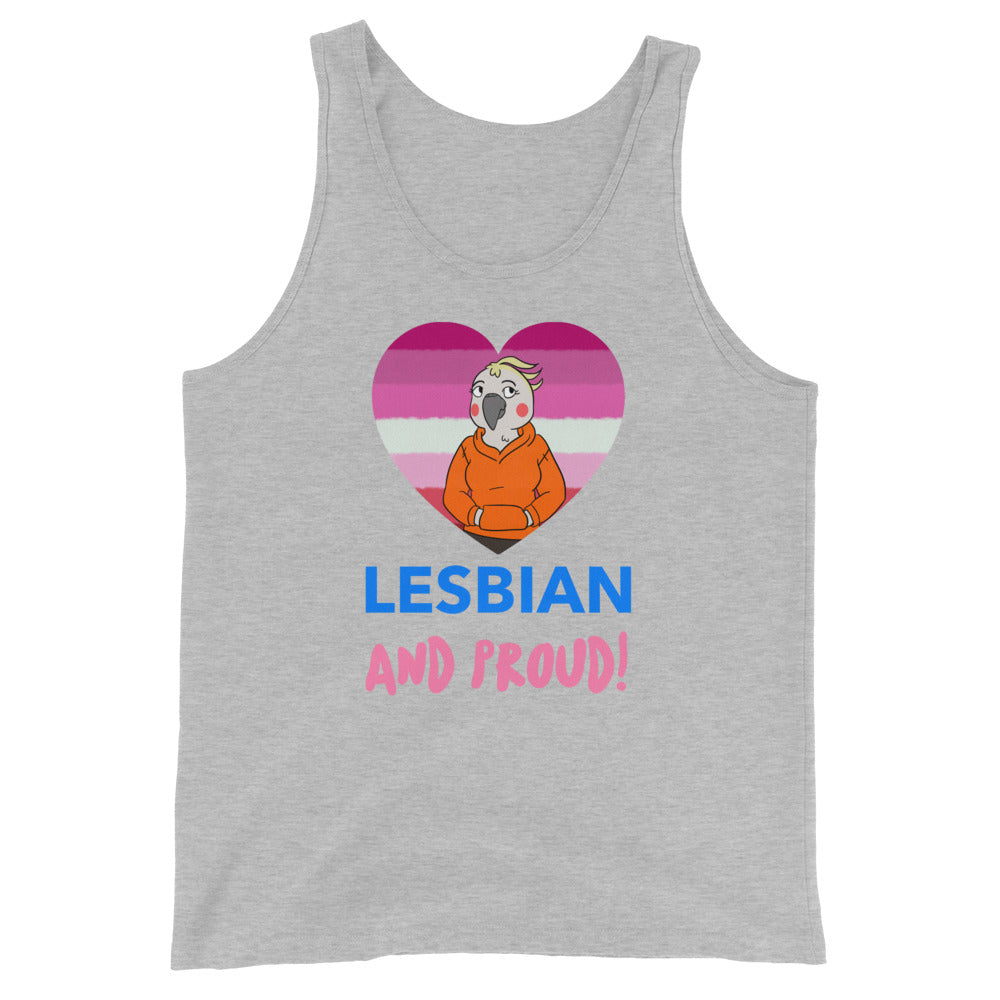 Flat-lay gray tank top reading “LESBIAN AND PROUD!” with a cartoon bird in a pride heart