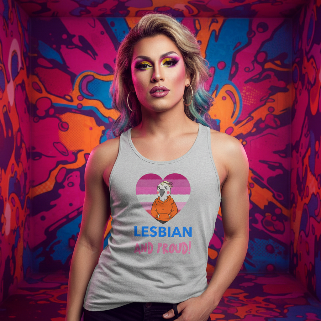 Lesbian And Proud Unisex Tank Top with a lesbian flag heart, cartoon figure, and “LESBIAN AND PROUD!” in blue and pink.
