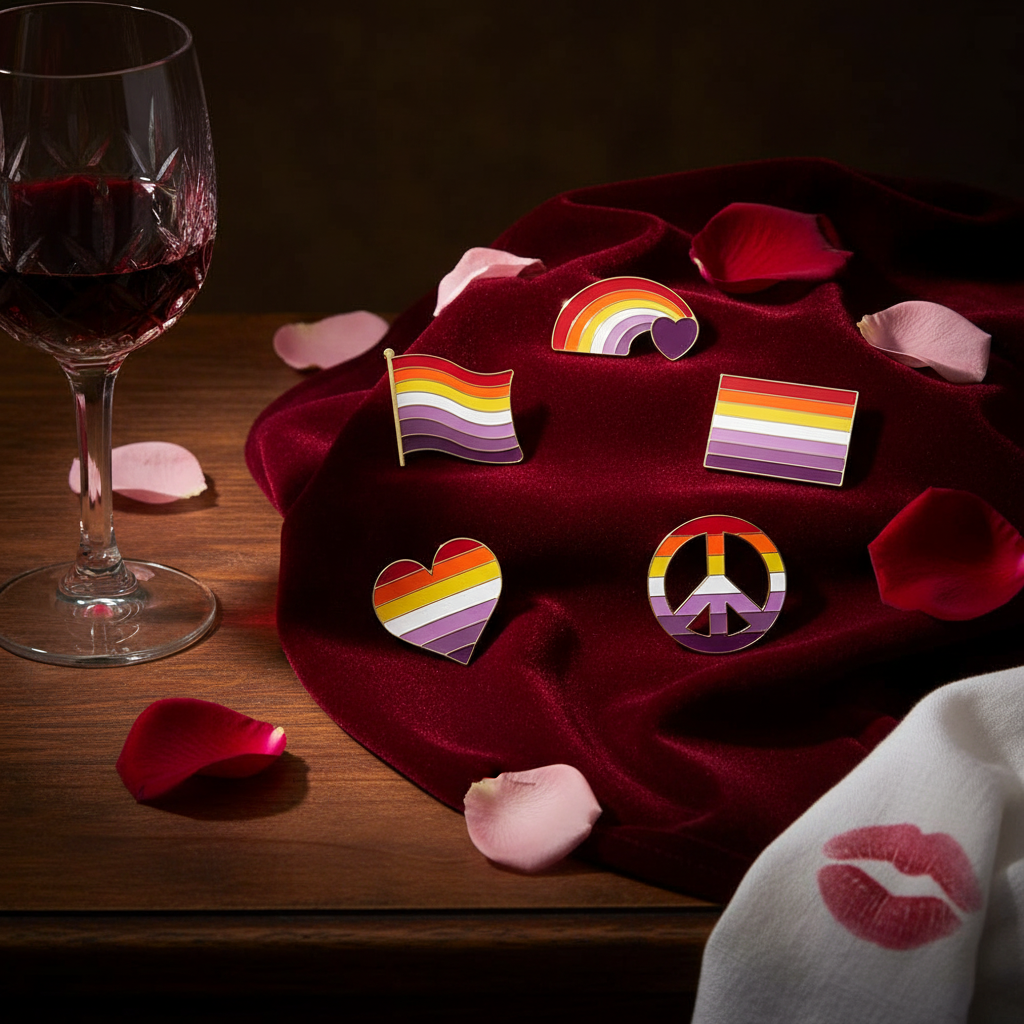 Five rainbow enamel pins on burgundy velvet beside a wine glass and rose petals