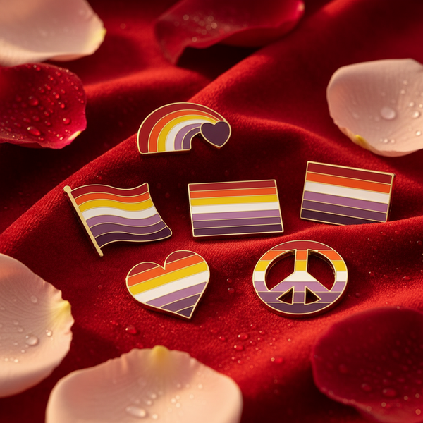 Five rainbow-striped enamel pins arranged on red velvet among rose petals