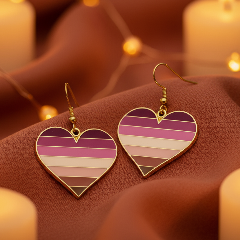 Lesbian pride heart earrings with pink, white, and brown horizontal stripes