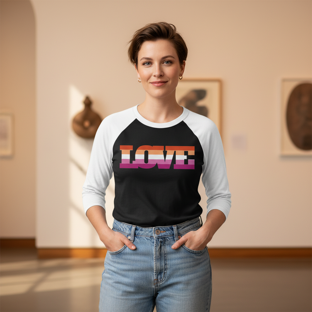Lesbian Love 3/4 Sleeve Raglan Shirt with “LOVE” in bold orange, pink, and purple stripes