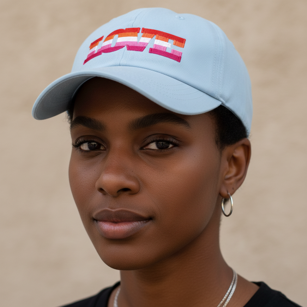 Pale blue Lesbian Love Cap with "LOVE" stitched in pink, orange, and red. Short-haired person, hoop earrings, beige backdrop.