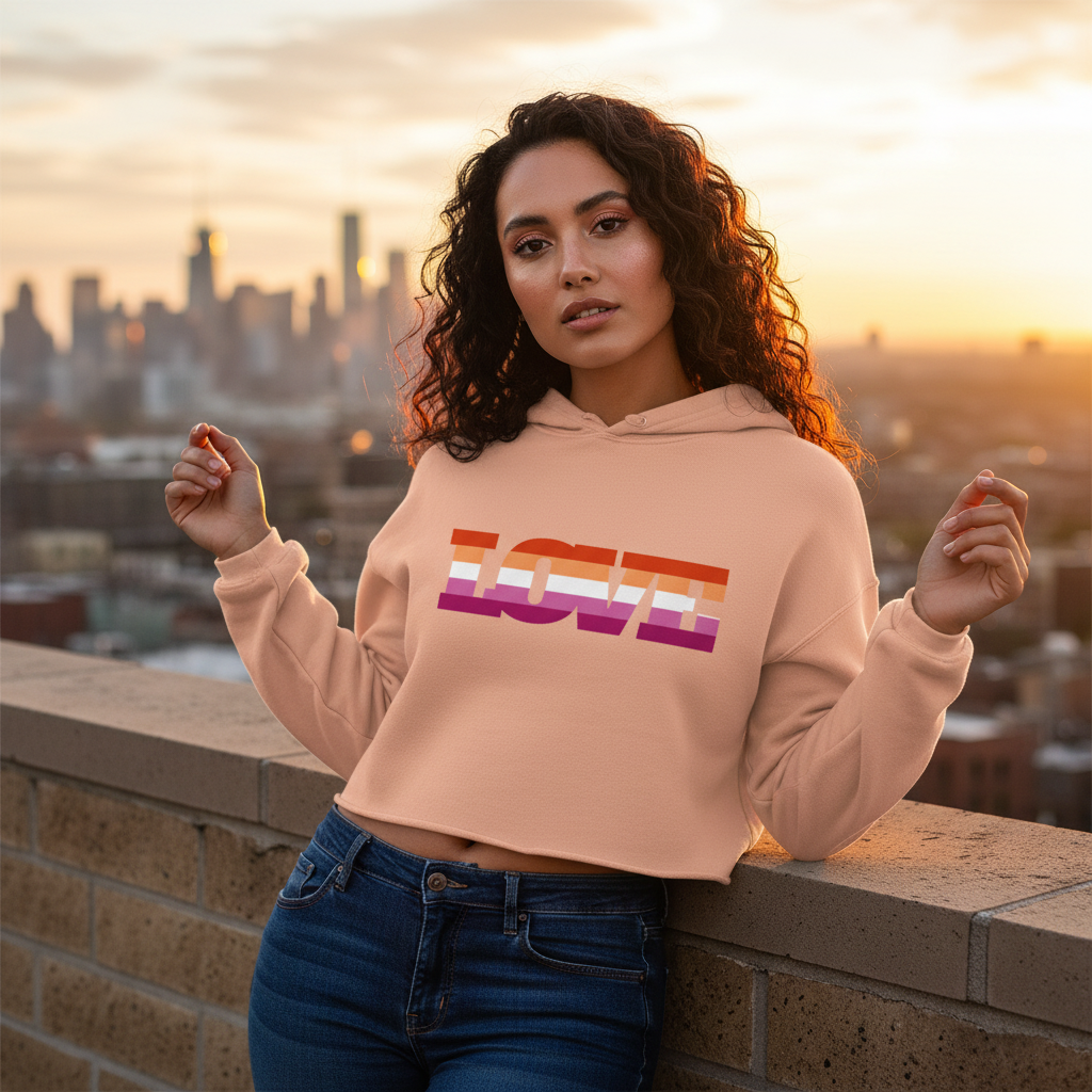 Lesbian Love Crop Hoodie in peach, “LOVE” in lesbian flag colors; femme with curly hair leans on brick wall