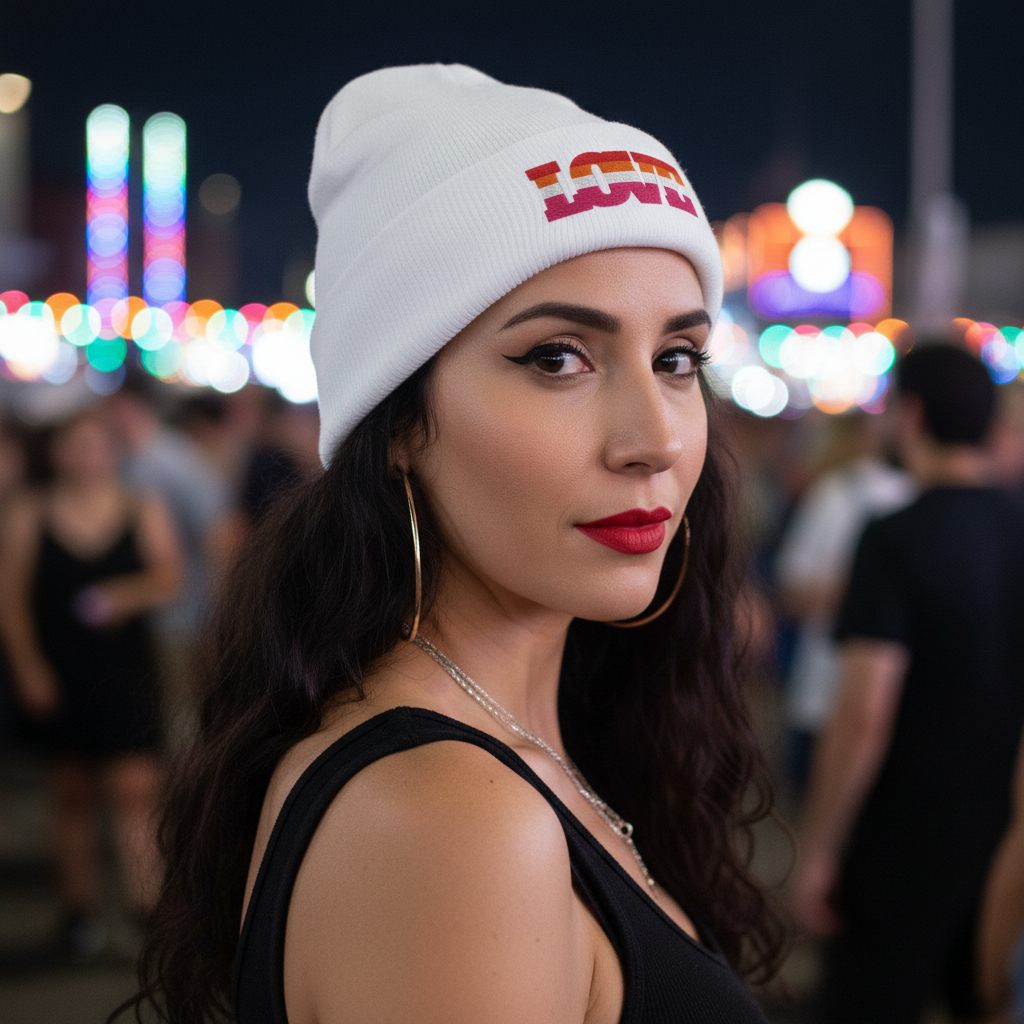 Lesbian Love Cuffed Beanie, a white unisex hat with bold red lettering