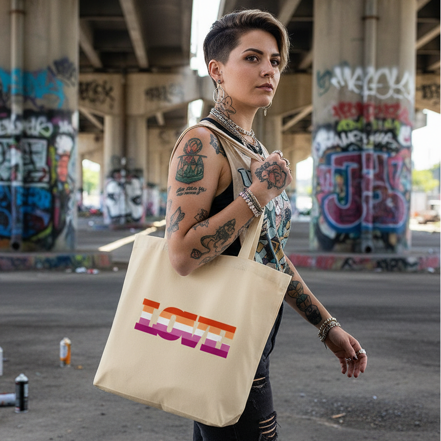 Lesbian Love Eco Tote Bag with bold, colorful "LOVE" letters, held by a tattooed, pierced person in queer streetwear.