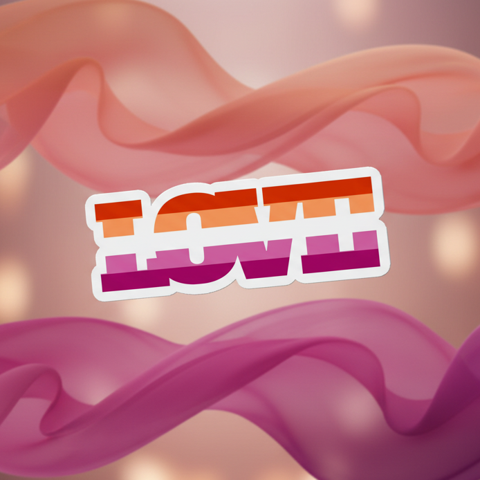 Graphic magnet reading “LESBIAN LOVE” in orange, pink, and purple stripes