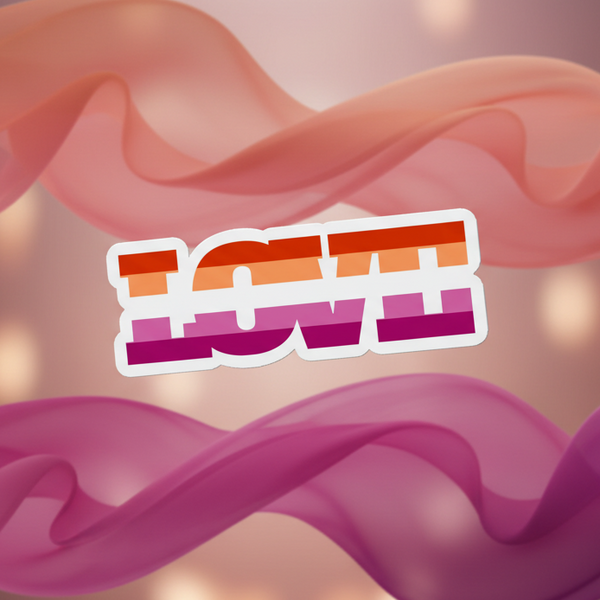 Graphic magnet reading “LESBIAN LOVE” in orange, pink, and purple stripes