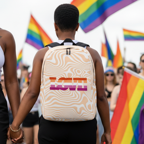 Lesbian Love Minimalist Backpack with “LOVE” in rainbow colors