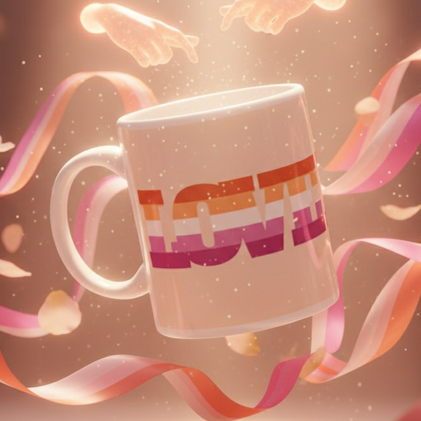 Angled white mug with bold retro-striped LOVE lettering, floating among colorful streamers