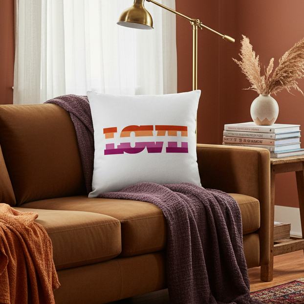 Brown sofa with purple and orange blankets, Lesbian Love Pillow showing bold “LOVE” text, brass floor lamp, books
