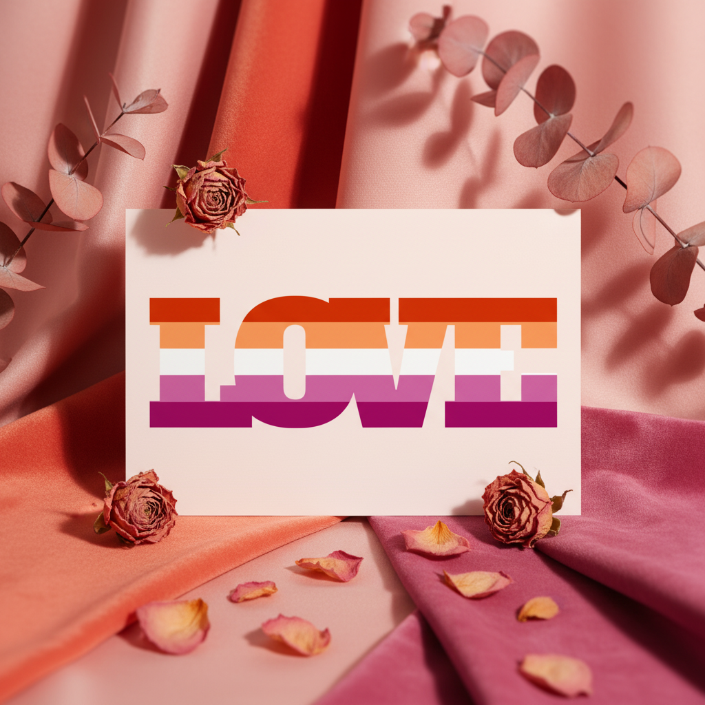 Lesbian Love Postcard with bold orange, pink, and purple "LOVE" text on magenta fabric, framed by dried roses and eucalyptus.