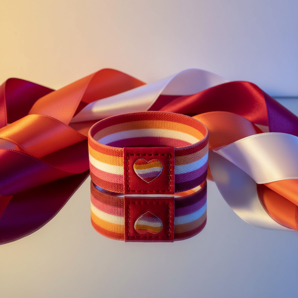Two striped Pride wristbands with heart patches, displayed upright among satin ribbons