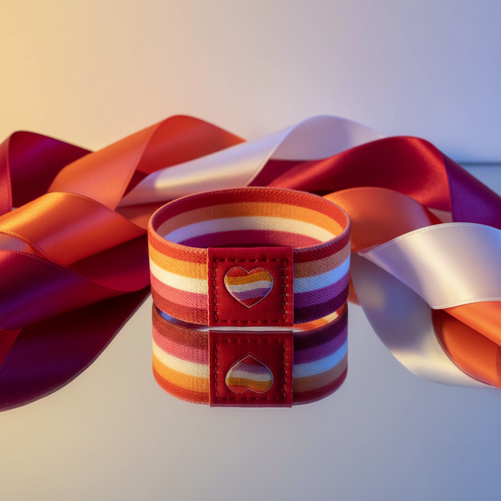 Two striped Pride wristbands with heart patches, displayed upright among satin ribbons