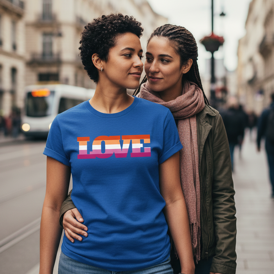 Lesbian Love T-Shirt featuring "LOVE" in rainbow colors worn by a person